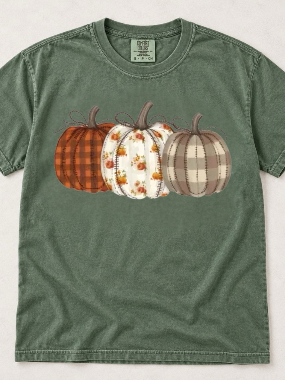 Comfort Colors Autumn Pumpkins Buffalo Plaid Floral Fall Vintage Green T-Shirt